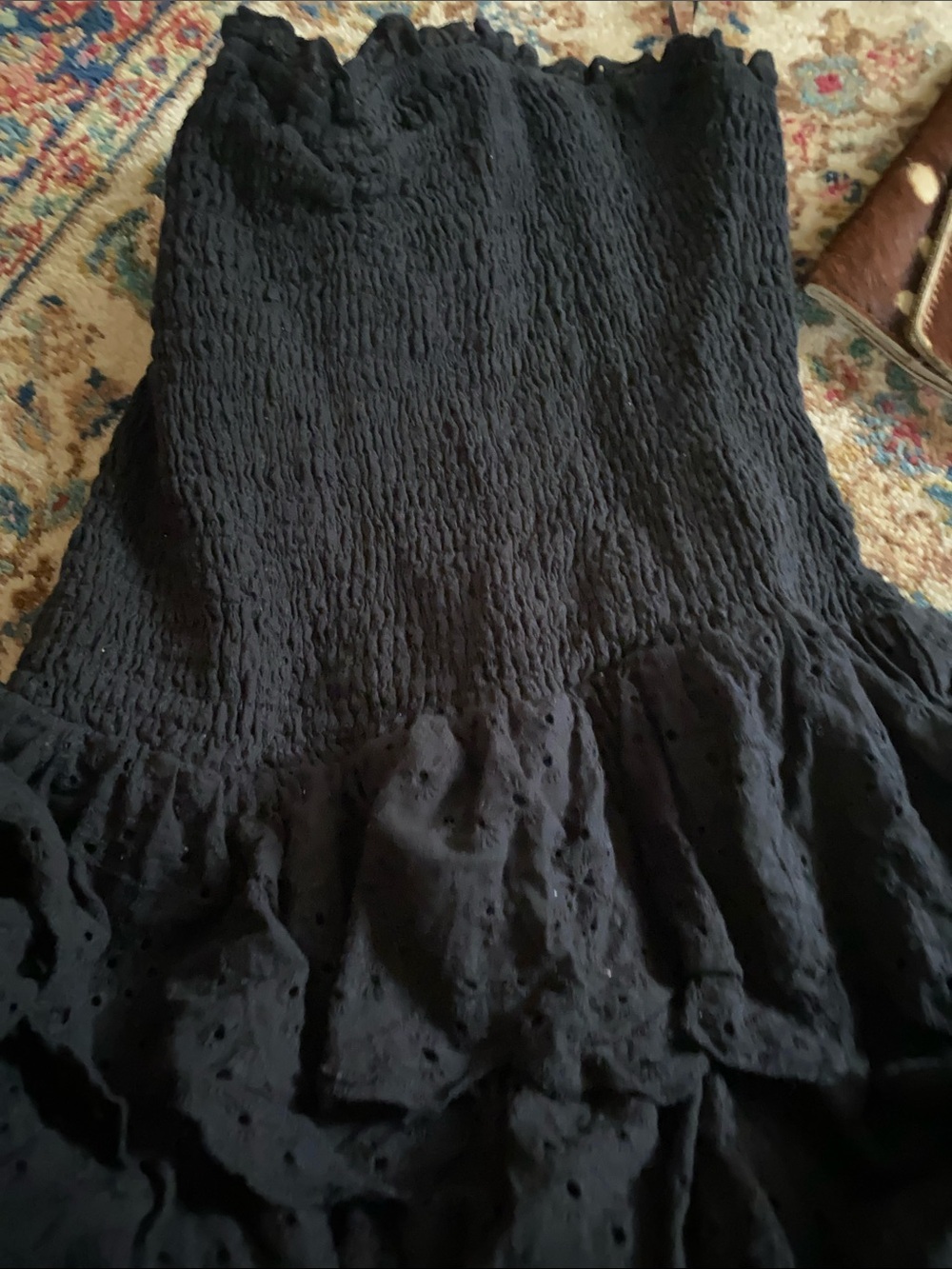 Smocked Black Eyelet Ruffle Maxi Dress size large fits small baby pink brand